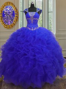 Custom Designed Straps Cap Sleeves Beading and Ruffles and Sequins Lace Up 15 Quinceanera Dress