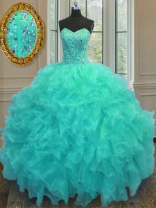 Chic Sleeveless Floor Length Beading and Ruffles Lace Up 15th Birthday Dress with Aqua Blue