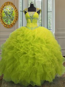 Straps Sequins Yellow Green Cap Sleeves Organza Lace Up Quinceanera Gowns for Military Ball and Sweet 16 and Quinceanera