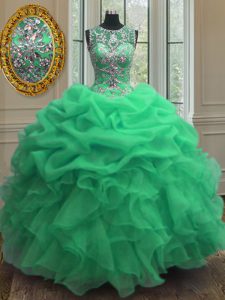 Scoop Green Sleeveless Organza Lace Up Ball Gown Prom Dress for Military Ball and Sweet 16 and Quinceanera