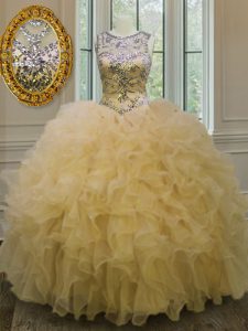 On Sale Scoop Light Yellow Lace Up Quinceanera Gowns Beading and Ruffles Sleeveless Floor Length
