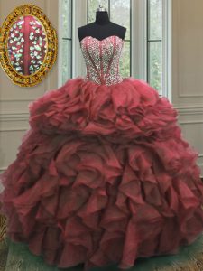 Pretty Sleeveless Floor Length Beading and Ruffles Lace Up Sweet 16 Quinceanera Dress with Pink