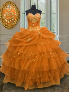 Cheap Orange Organza Lace Up Sweetheart Sleeveless Floor Length Vestidos de Quinceanera Beading and Ruffled Layers and Pick Ups