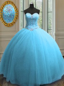 Fine Baby Blue Ball Gowns Tulle Sweetheart Sleeveless Beading and Sequins Floor Length Lace Up Quinceanera Gowns