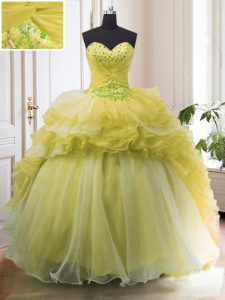 Light Yellow Sweetheart Lace Up Beading and Ruffled Layers Sweet 16 Quinceanera Dress Court Train Sleeveless