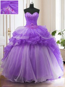 Lavender Organza Lace Up Sweet 16 Quinceanera Dress Sleeveless With Train Sweep Train Beading and Ruffled Layers
