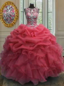 Low Price Pick Ups Scoop Sleeveless Lace Up 15 Quinceanera Dress Coral Red Organza