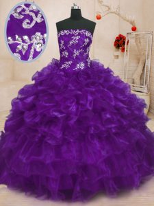 Floor Length Purple Quince Ball Gowns Organza Sleeveless Beading and Appliques and Ruffles
