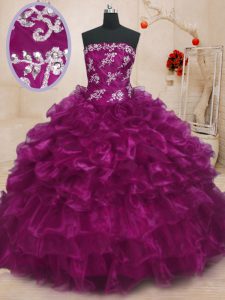 Fuchsia Organza Lace Up Strapless Sleeveless Floor Length Sweet 16 Dress Beading and Appliques and Ruffles