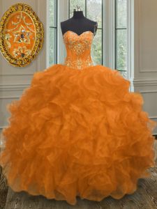 Floor Length Orange Sweet 16 Quinceanera Dress Organza Sleeveless Beading and Embroidery and Ruffles