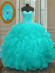 Aqua Blue Ball Gowns Sweetheart Sleeveless Organza Floor Length Lace Up Beading and Embroidery and Ruffles Quinceanera Gown