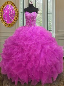 Exquisite Sleeveless Organza Floor Length Lace Up 15th Birthday Dress in Fuchsia with Beading and Ruffles