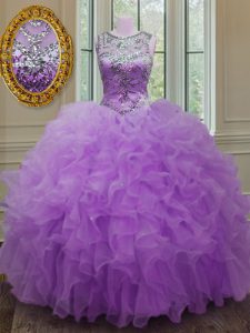 Scoop Lilac Sleeveless Beading and Ruffles Floor Length Sweet 16 Quinceanera Dress