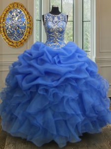 Ball Gowns Vestidos de Quinceanera Blue Scoop Organza Sleeveless Floor Length Lace Up