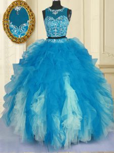 Blue And White Zipper Scoop Beading and Ruffles Quinceanera Dresses Tulle Sleeveless