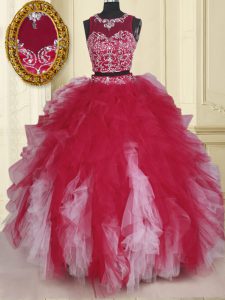 Super Scoop White And Red Sleeveless Tulle Zipper Sweet 16 Dresses for Military Ball and Sweet 16 and Quinceanera