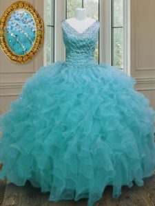 Deluxe Aqua Blue Sleeveless Floor Length Beading and Ruffles Zipper 15th Birthday Dress