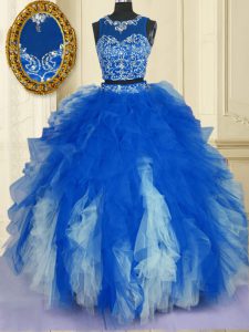 Fabulous Scoop Sleeveless Zipper Quinceanera Dress Blue And White Tulle
