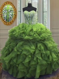 Green Organza Lace Up Sweetheart Sleeveless Floor Length Sweet 16 Dress Beading and Ruffles