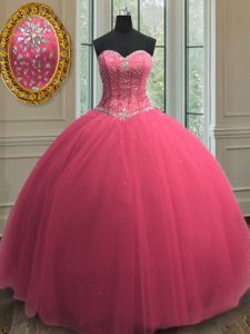 Enchanting Hot Pink Lace Up Quinceanera Dresses Beading and Sequins Sleeveless Floor Length