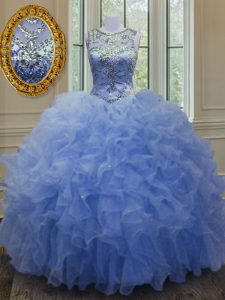 Comfortable Blue Ball Gowns Organza Scoop Sleeveless Beading and Ruffles Floor Length Lace Up Vestidos de Quinceanera