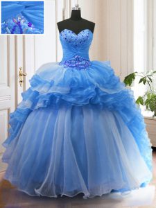 Low Price Ruffled With Train Blue Quinceanera Dresses Sweetheart Sleeveless Sweep Train Lace Up