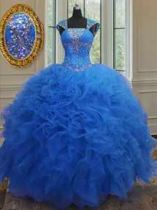 Amazing Royal Blue Organza Lace Up Vestidos de Quinceanera Cap Sleeves Floor Length Beading and Ruffles and Sequins
