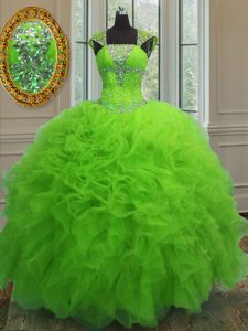 Pretty Straps Sequins Floor Length Ball Gowns Cap Sleeves Quinceanera Dress Lace Up