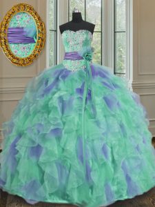 High Class Sleeveless Lace Up Floor Length Beading and Appliques and Ruffles and Sashes ribbons and Hand Made Flower Sweet 16 Quinceanera Dress