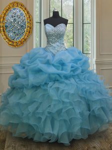 Fitting Baby Blue Ball Gowns Sweetheart Sleeveless Organza Floor Length Lace Up Beading and Ruffles and Pick Ups 15 Quinceanera Dress