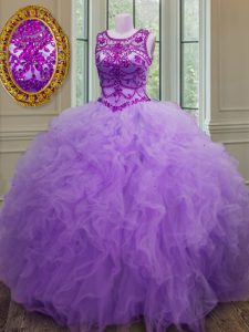 Noble Scoop Sleeveless Lace Up Ball Gown Prom Dress Lavender Tulle