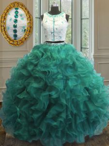 Exceptional Organza Scoop Sleeveless Clasp Handle Appliques and Ruffles Sweet 16 Dress in Turquoise