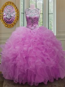 Fuchsia Quinceanera Gown Military Ball and Sweet 16 and Quinceanera and For with Beading and Ruffles Scoop Sleeveless Lace Up
