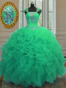 Attractive Straps Cap Sleeves Floor Length Lace Up Sweet 16 Quinceanera Dress Turquoise for Military Ball and Sweet 16 and Quinceanera with Beading and Ruffles and Sequins
