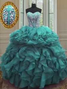 Fine Turquoise Ball Gowns Organza Sweetheart Sleeveless Beading and Ruffles Floor Length Lace Up Ball Gown Prom Dress