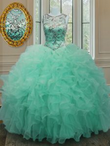 Luxury Scoop Apple Green Organza Lace Up Ball Gown Prom Dress Sleeveless Floor Length Beading and Ruffles