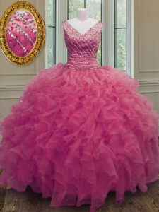 V-neck Sleeveless Zipper Quince Ball Gowns Hot Pink Organza