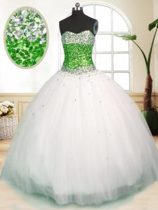 Exquisite White Ball Gowns Beading Quince Ball Gowns Zipper Tulle Sleeveless Floor Length