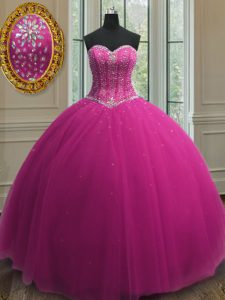 Chic Fuchsia Tulle Lace Up Sweetheart Sleeveless Floor Length Quinceanera Gown Beading and Sequins