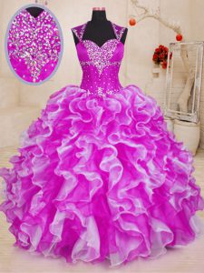 Fuchsia Sweetheart Neckline Beading and Ruffles Quince Ball Gowns Sleeveless Lace Up