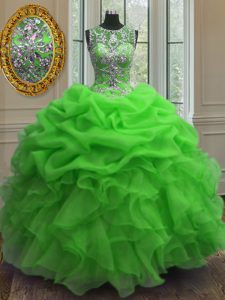 Luxurious Green Lace Up Scoop Beading and Ruffles and Pick Ups Quinceanera Gown Organza Sleeveless