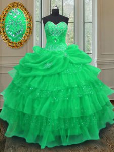 High Quality Halter Top Pick Ups Ruffled Floor Length Ball Gowns Sleeveless Green Ball Gown Prom Dress Lace Up