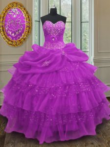 Purple Organza Lace Up Halter Top Sleeveless Floor Length Vestidos de Quinceanera Beading and Ruffled Layers and Pick Ups