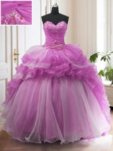 Amazing Organza Sweetheart Sleeveless Sweep Train Lace Up Beading and Ruffled Layers Vestidos de Quinceanera in Lilac