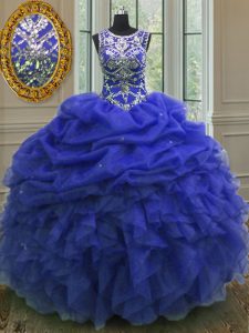 Royal Blue Lace Up Scoop Beading and Ruffles and Pick Ups Quinceanera Gown Organza Sleeveless