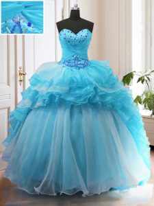 High Class Baby Blue Organza Lace Up Sweetheart Sleeveless Ball Gown Prom Dress Sweep Train Beading and Ruffled Layers