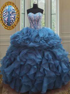 Custom Fit Floor Length Lace Up 15th Birthday Dress Teal for Military Ball and Sweet 16 and Quinceanera with Beading and Ruffles