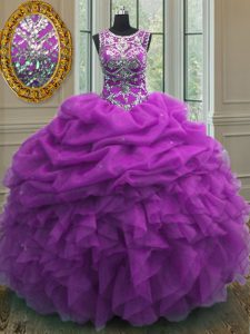 Free and Easy Scoop Sleeveless Sweet 16 Quinceanera Dress Floor Length Beading and Ruffles and Pick Ups Purple Organza