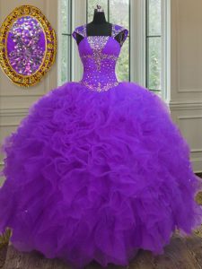 Latest Straps Cap Sleeves Floor Length Beading and Ruffles and Sequins Lace Up Sweet 16 Dresses with Purple