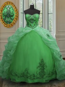 Pick Ups Sweetheart Sleeveless Court Train Lace Up Vestidos de Quinceanera Green Organza